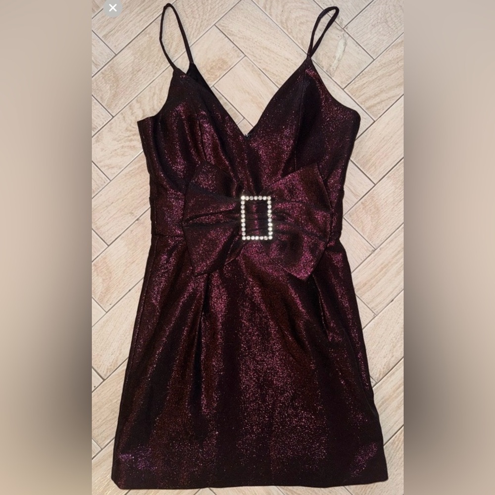 Vintage Hourglass Metallic Mini Cocktail Dress with Embellished Bow Detail